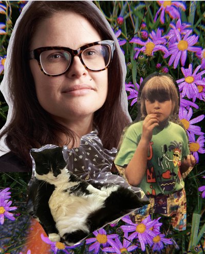 TABS - Jean Sergent collage featuring flowers, a cat and a presumably younger Jean