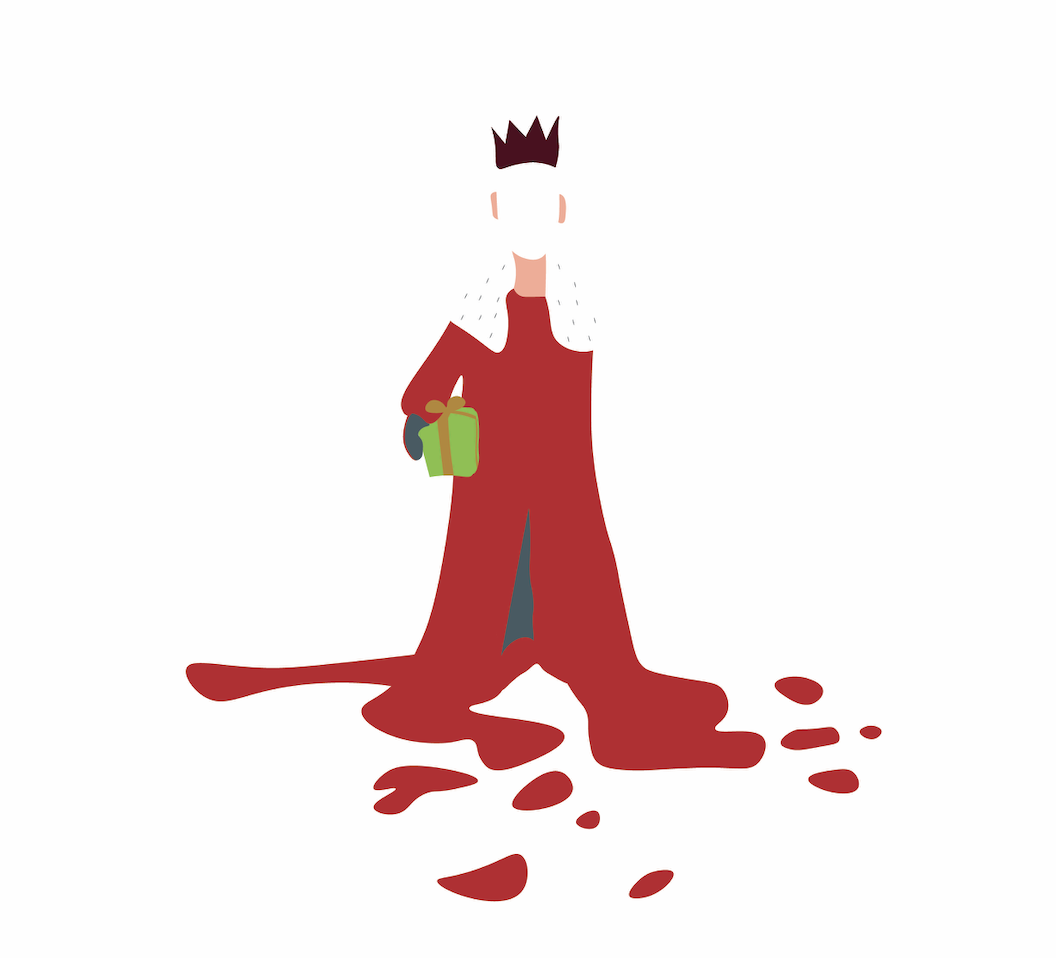 A cartoon of a faceless king holding a present wearing a red robe