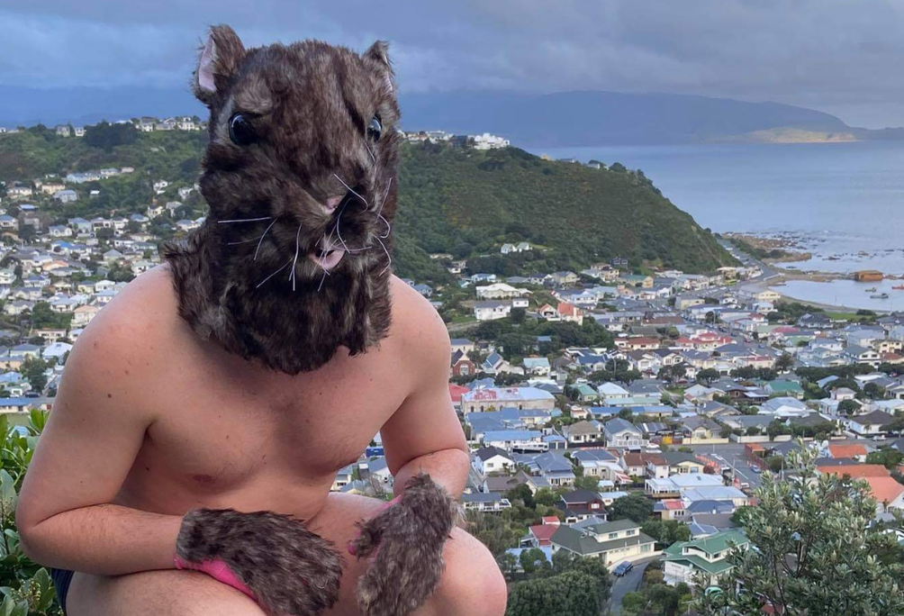 Image of a person who appears nude except for a rat mask and gloves.