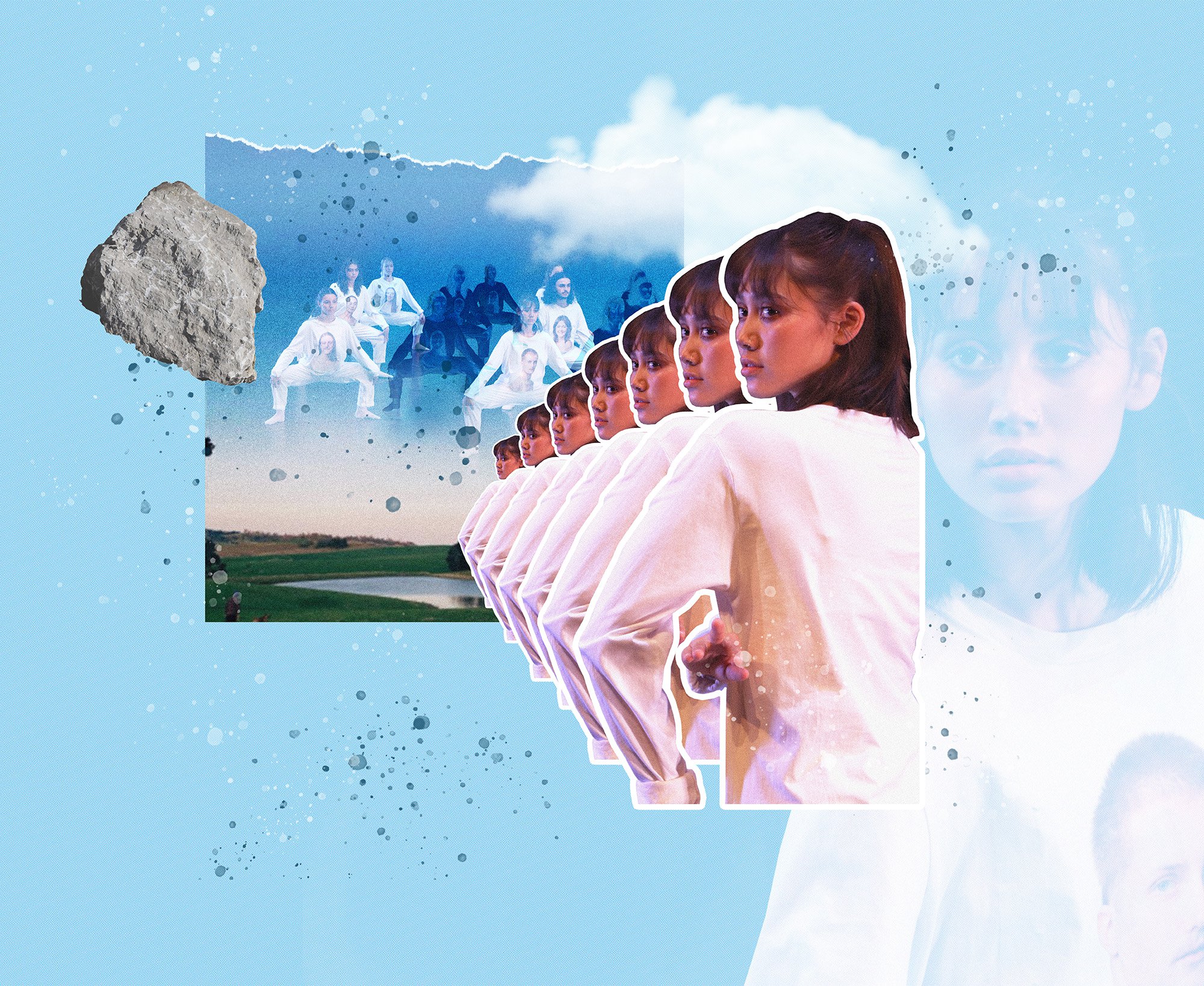 Collage image with blue sky cloud background and woman looking behind them with paint splatters and a rock.jpg